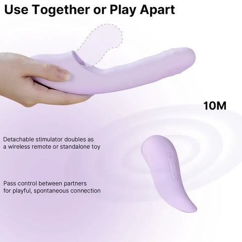 Purple electronic device with detachable stimulator and remote control on a light purple background.