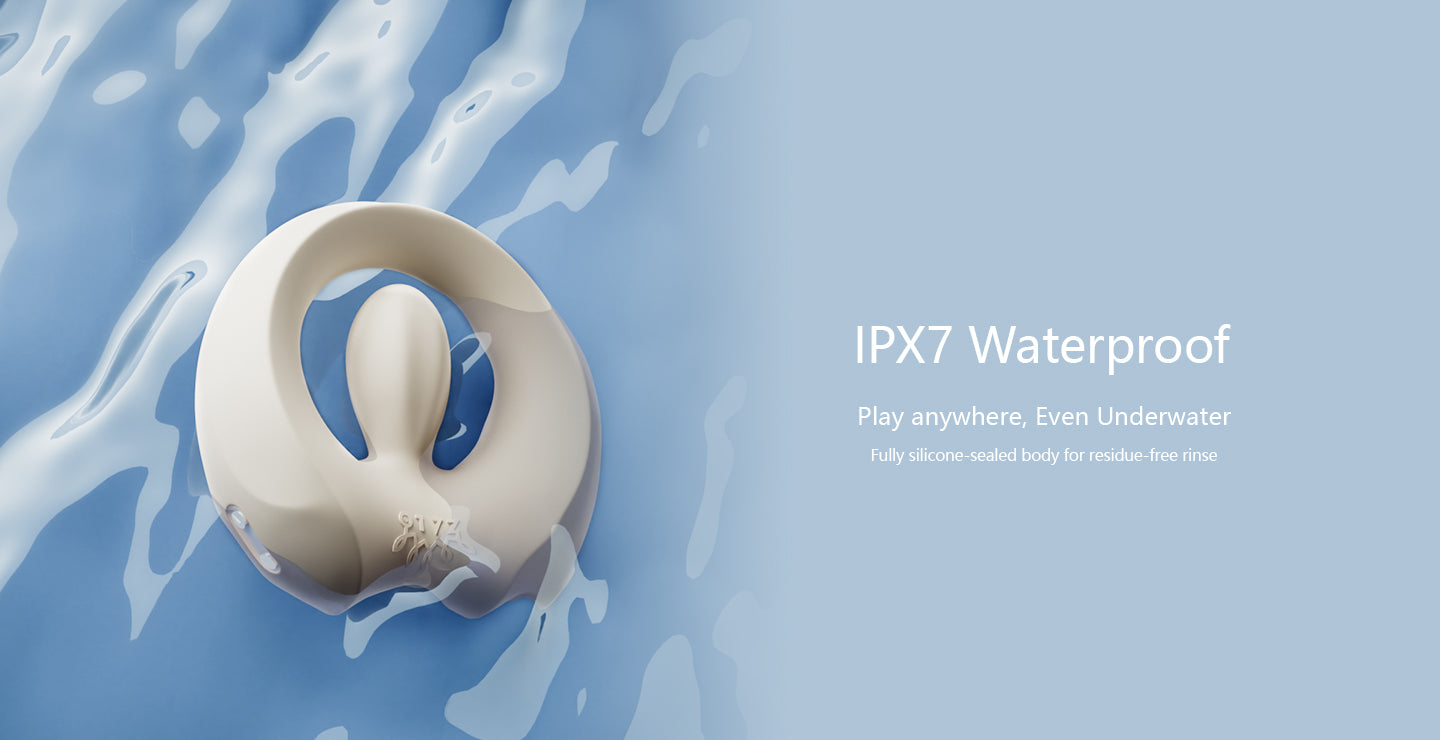 White cock ring with water splashes on a blue background, featuring IPX7 waterproof text.