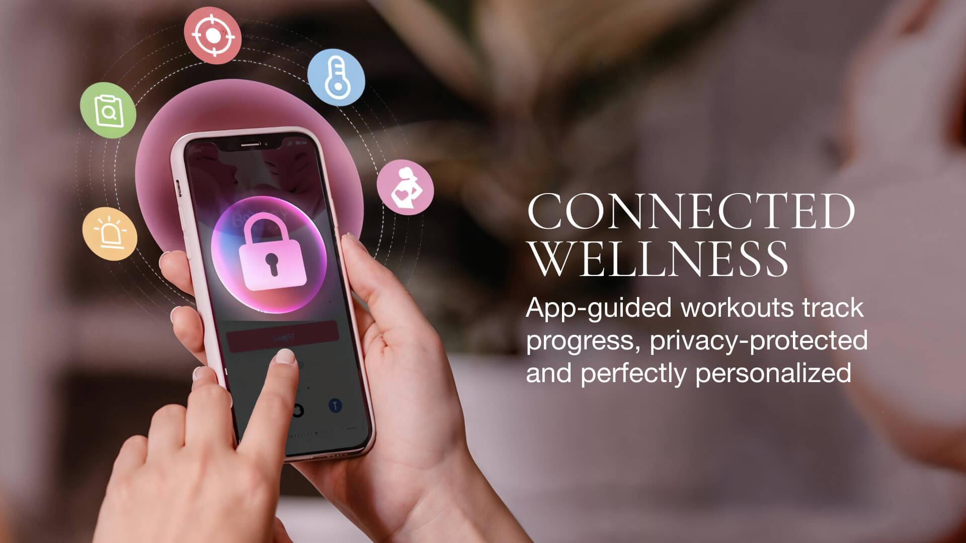 Person holding a smartphone with a wellness app on the screen, surrounded by icons and text about connected wellness.