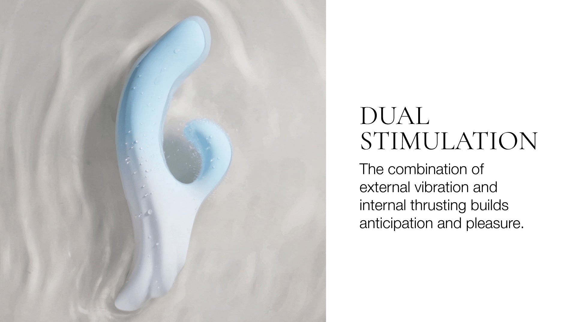 Silicone vibrator wand with text about dual stimulation on a textured background