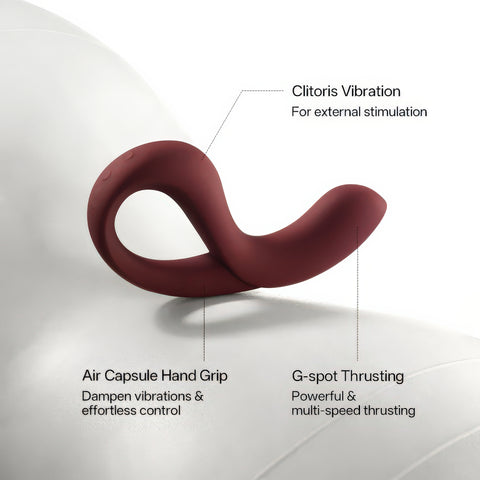 Red silicone clitoral stimulator with labeled features on a white background