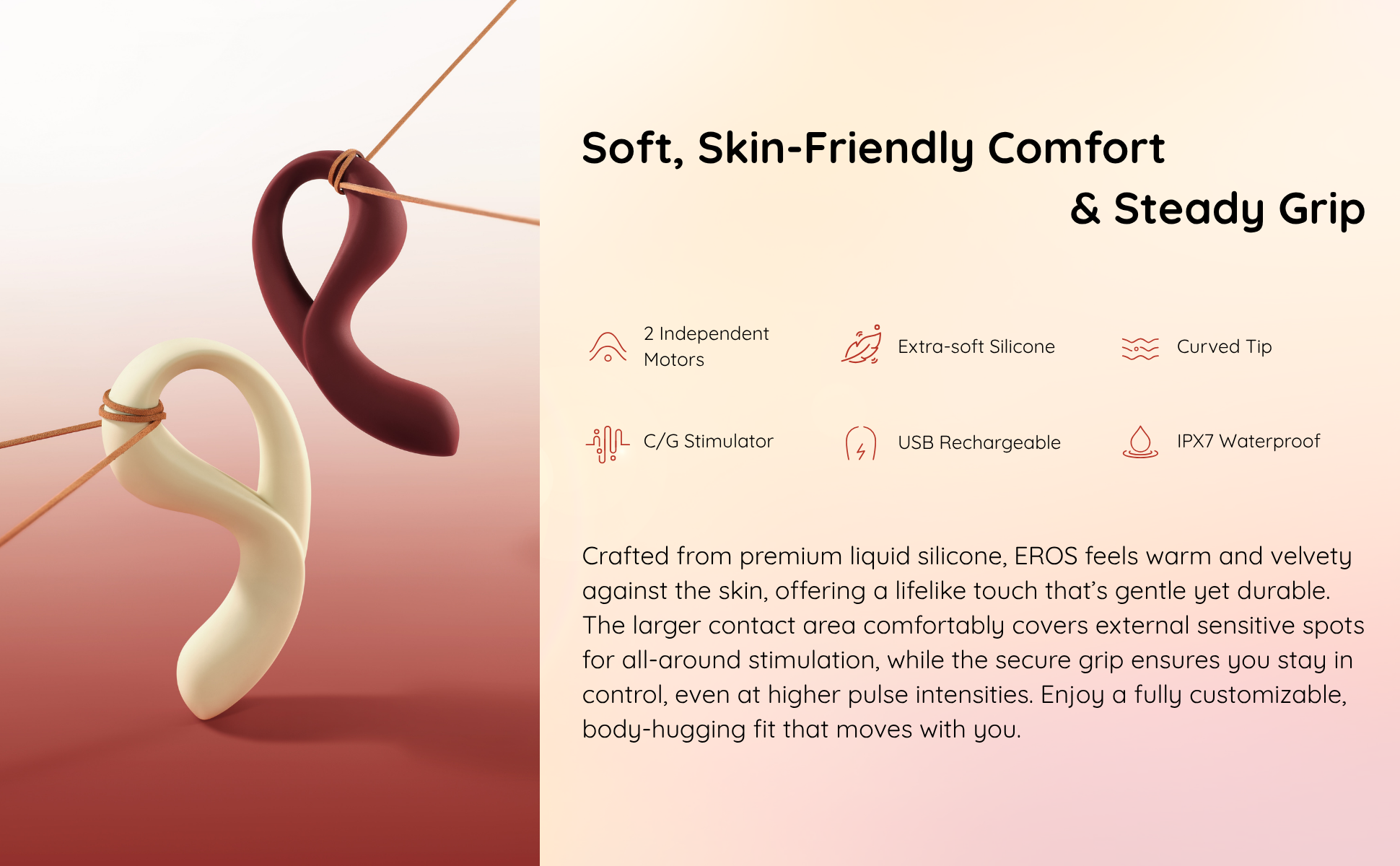 Two silicone vibrators with text highlighting comfort, grip, and features on a gradient background