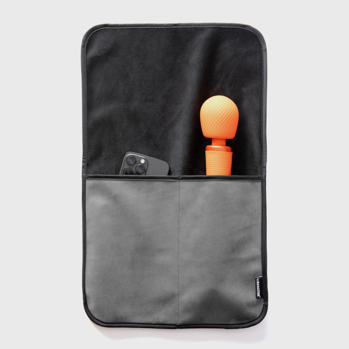 Fascinator Bedside Toy Storage Caddy in grey with wand massager and phone in pockets