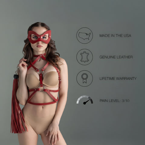 Model wearing a red leather harness and mask with product features listed on a gray background