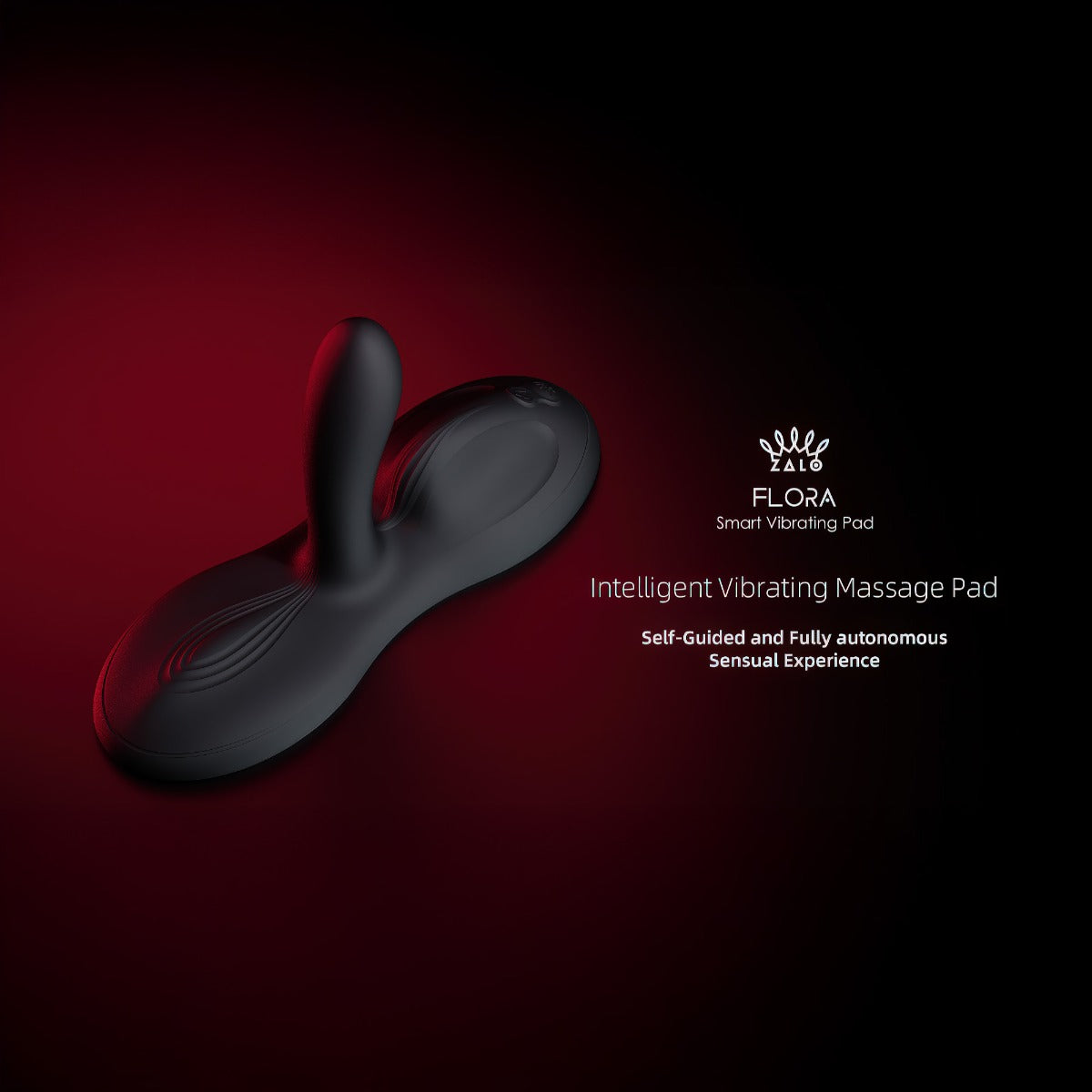 Zalo Flora App-Enabled Lay On Vibrator on a red and black gradient background with the words Intelligent Vibrating Massage Pad, Self-guided and fully autonomous sensual experience.