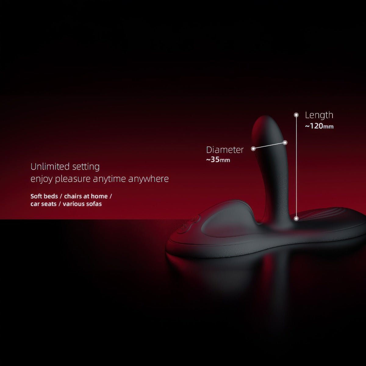 Zalo Flora App-Enabled Lay On Vibrator on a red and black gradient background showing 35mm diameter and 120mm length and the words Unlimited setting, enjoy pleasure anytime, anywhere. Soft beds, chairs at home, car seats, various sofas.