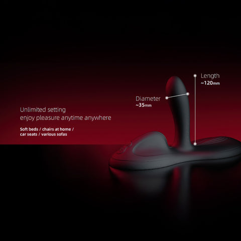 Zalo Flora App-Enabled Lay On Vibrator on a red and black gradient background showing 35mm diameter and 120mm length and the words Unlimited setting, enjoy pleasure anytime, anywhere. Soft beds, chairs at home, car seats, various sofas.