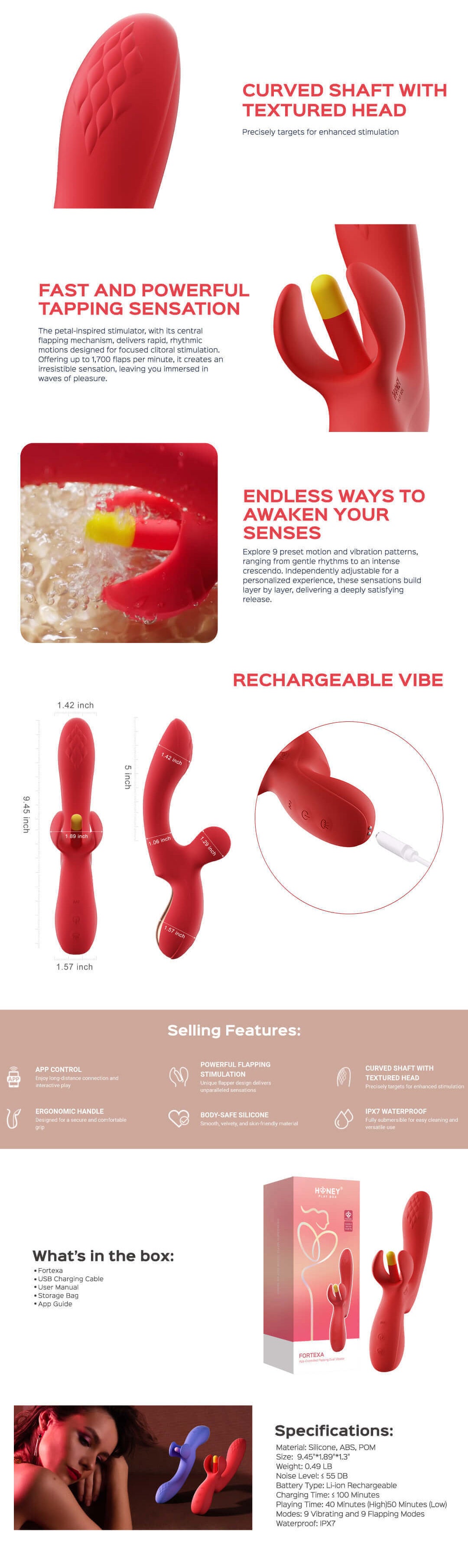 Product description of a red curved shaft with textured head, featuring text on sensations and features.