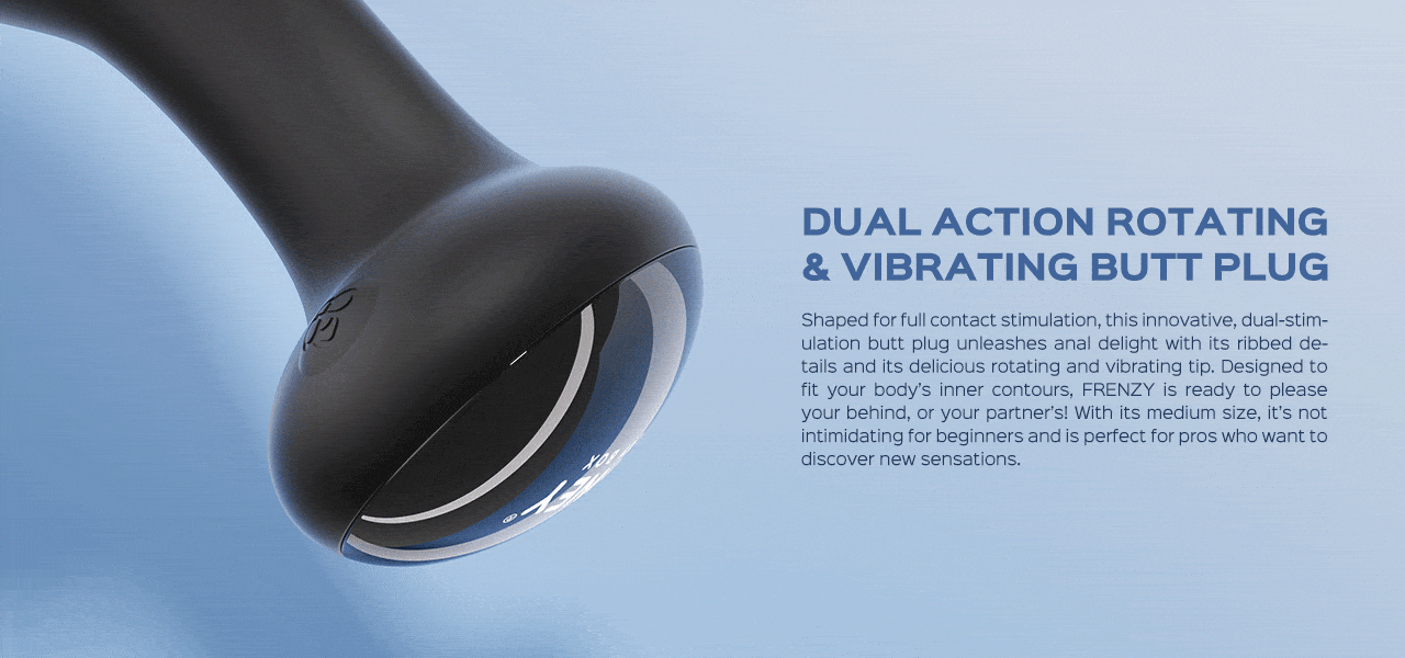 Animated GIF showing rotating action of butt plug alongside promotional text
