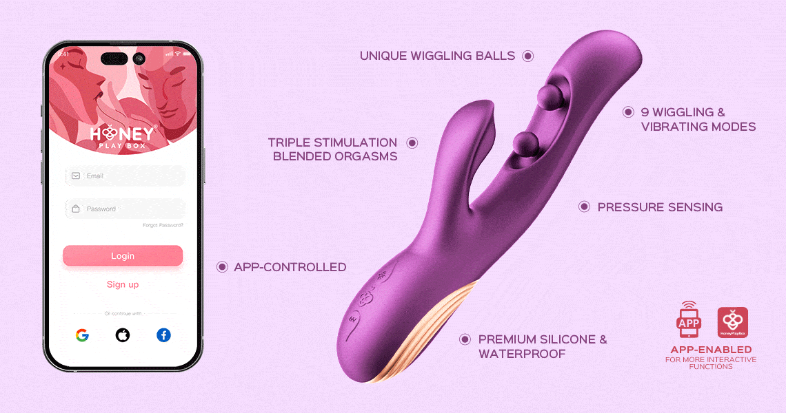Animated GIF showing wiggling ball motion of vibrator toy, with promotional features text