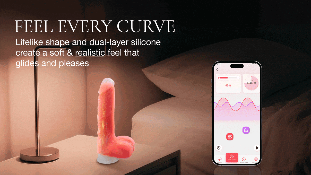 Animated GIF showing thrusting action and app features of dildo alongside promotional text