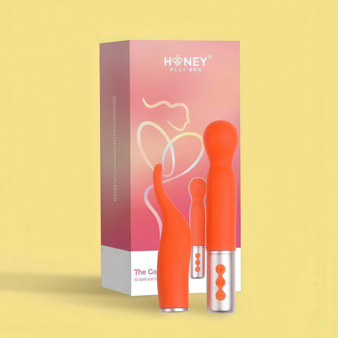 Orange and silver electronic device with packaging labeled 'Honey Play Box' on a yellow background
