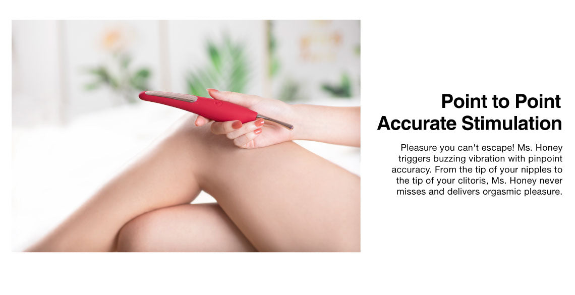 Hand holding a red electronic device against skin with promotional text about accurate stimulation.