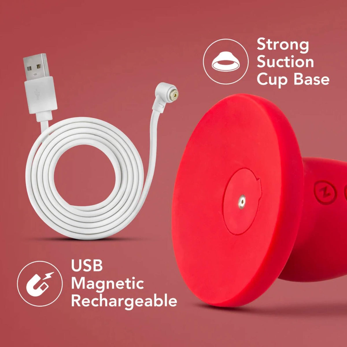 Impressions | Las Vegas Curve Vibrating P-Spot Dildo close-up of suction cup base and magnetic charging cable