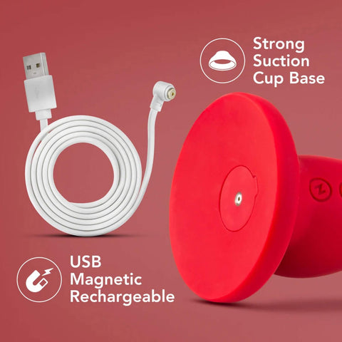 Impressions | Las Vegas Curve Vibrating P-Spot Dildo close-up of suction cup base and magnetic charging cable