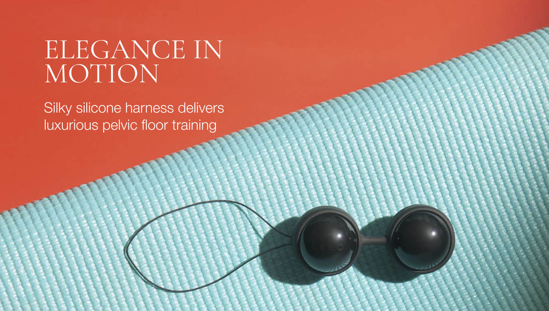 Black silicone pelvic floor training device on a blue mat with text about its features.