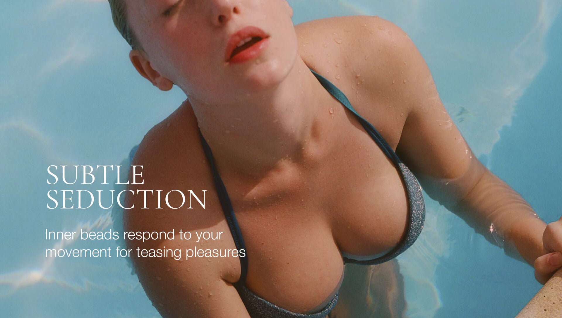 Woman in a bikini with text overlay 'Subtle Seduction' in a pool setting