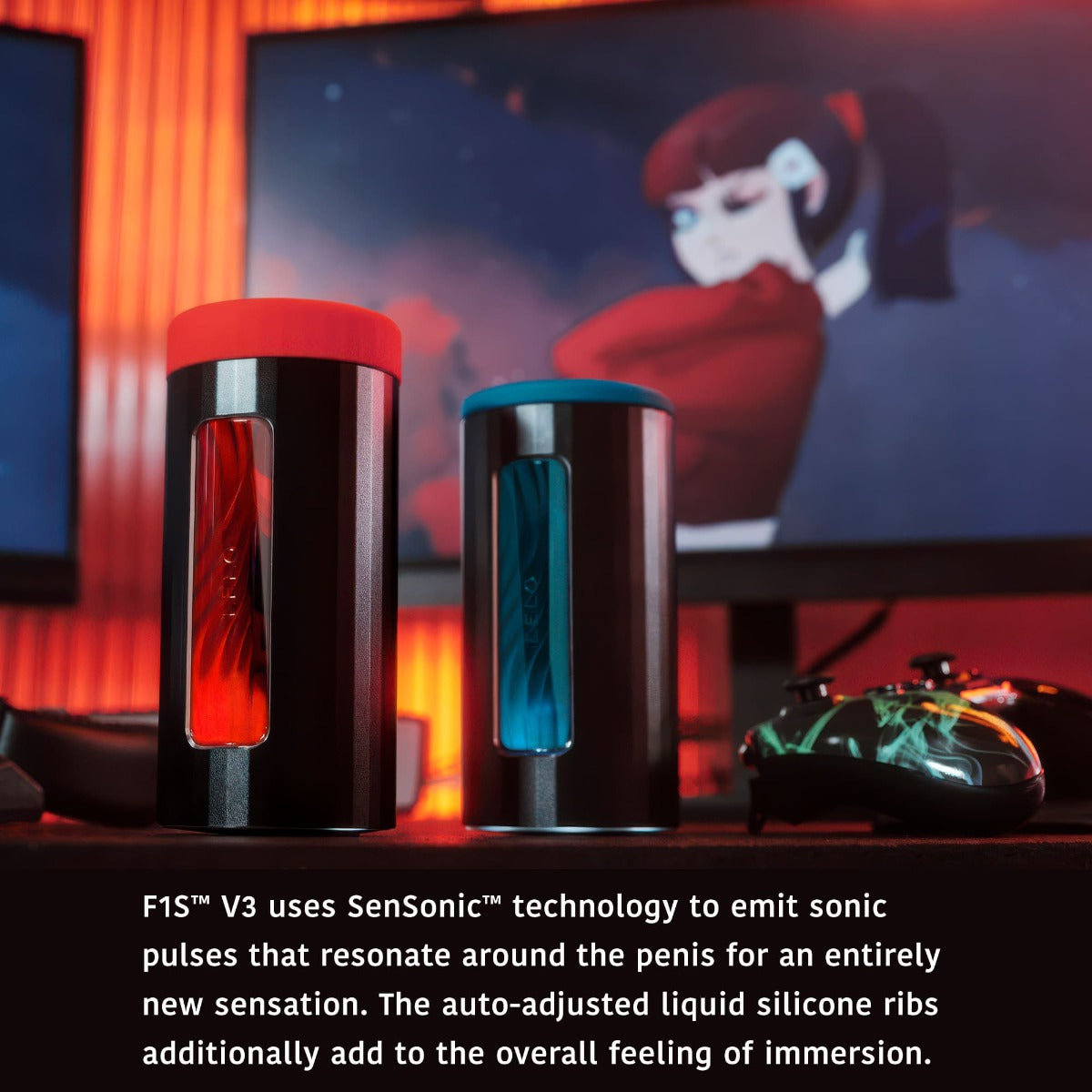 Infographic: LELO F1S V3 SenSonic Technology with auto-adjusted liquid silicone ribs.
