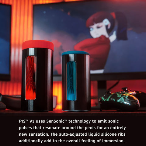 Infographic: LELO F1S V3 SenSonic Technology with auto-adjusted liquid silicone ribs.
