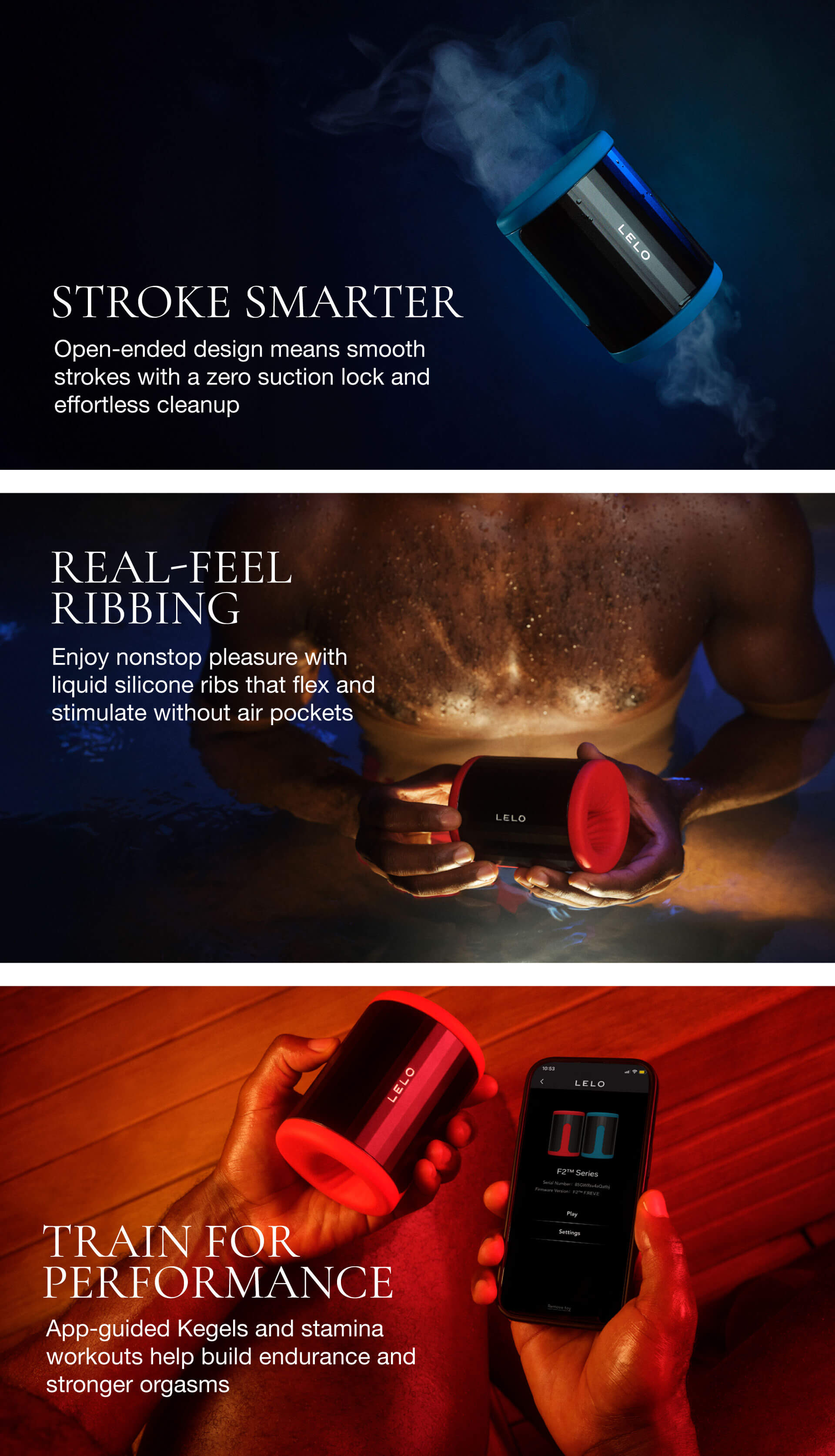 Product advertisement with text about stroke design, real-feel ribbing, and app-guided workouts.