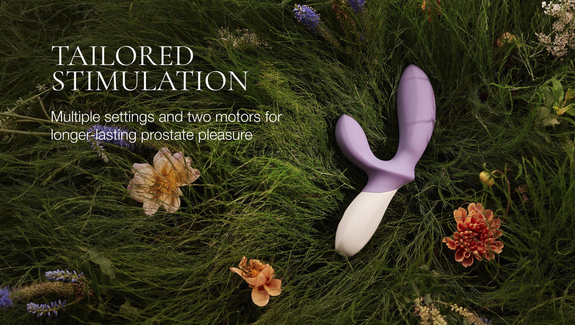 Purple and white prostate massager on green grass with flowers, text about stimulation settings.