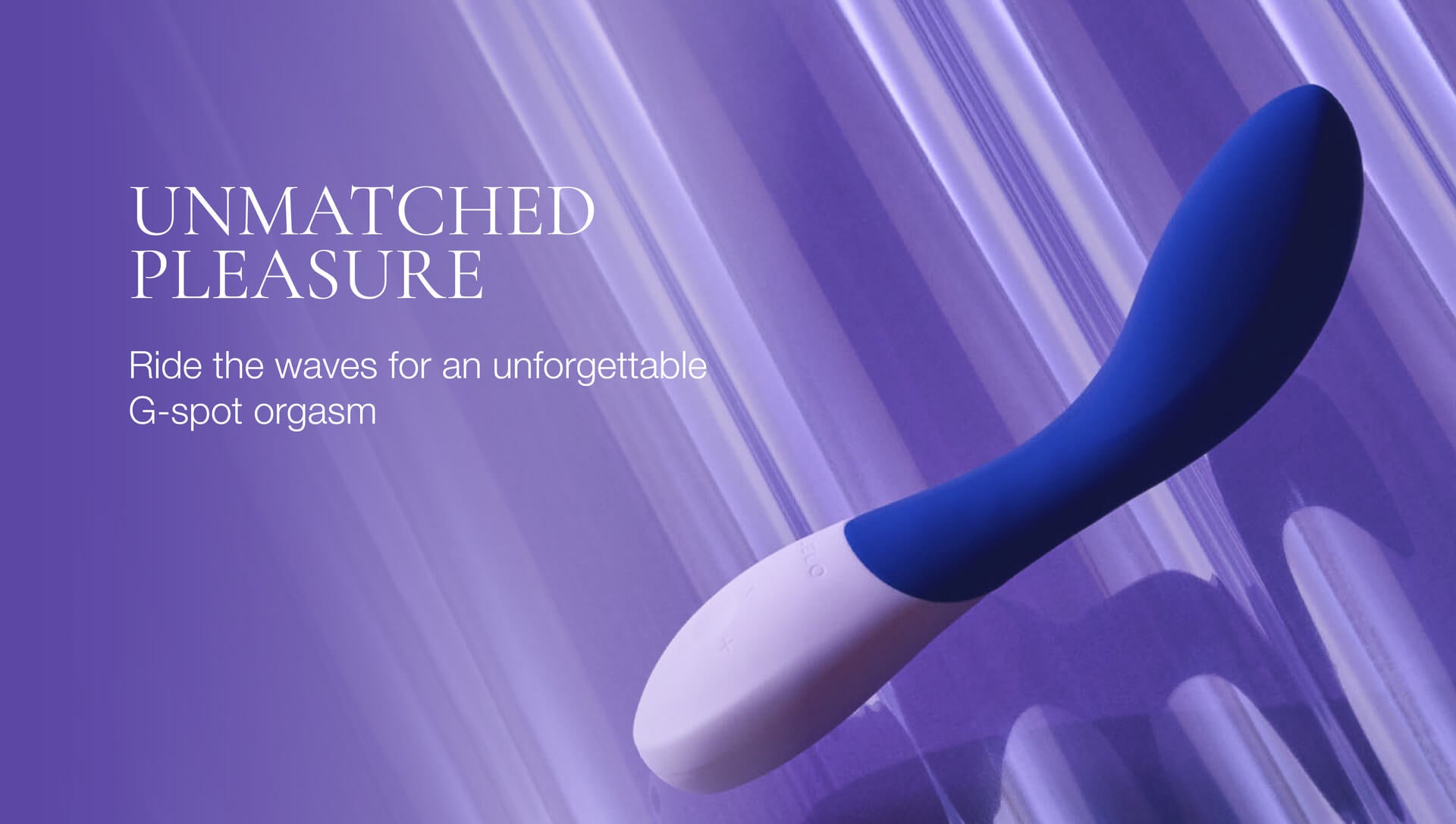Blue and white G-spot stimulator on a purple background with text about pleasure and waves.