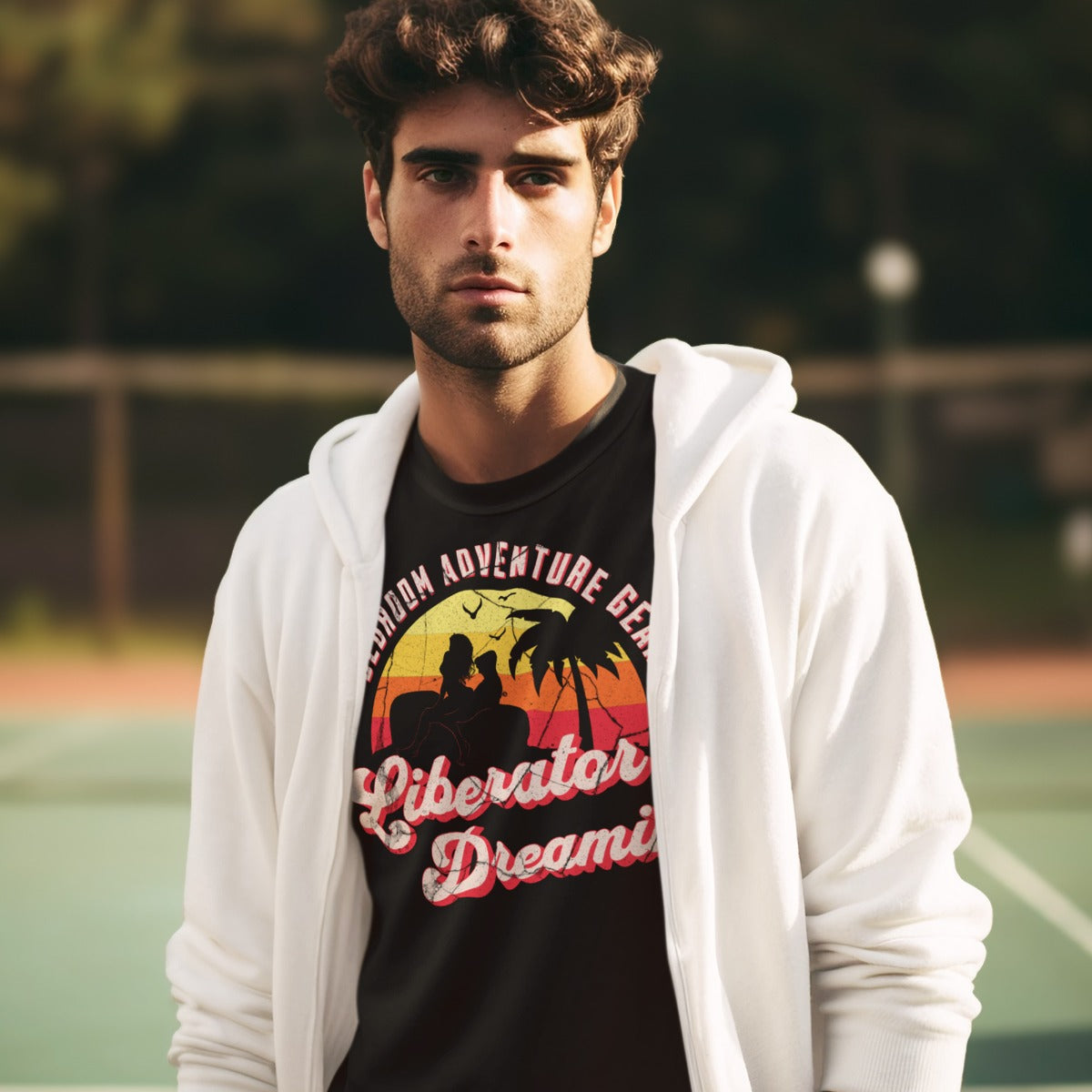 Man in a hoodie wearing the Liberator Dreamin' T-shirt