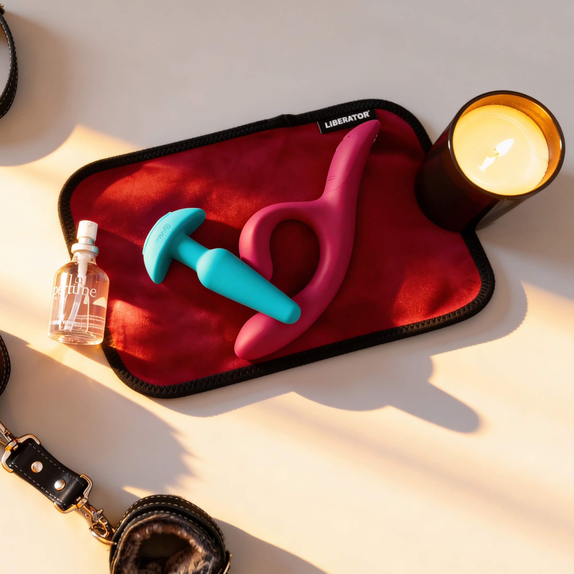 Sexual product set on a red mat with a candle and bottle on a beige surface