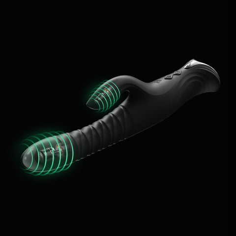 Infographic of black Mose 2 thrusting rabbit vibrator by Zalo