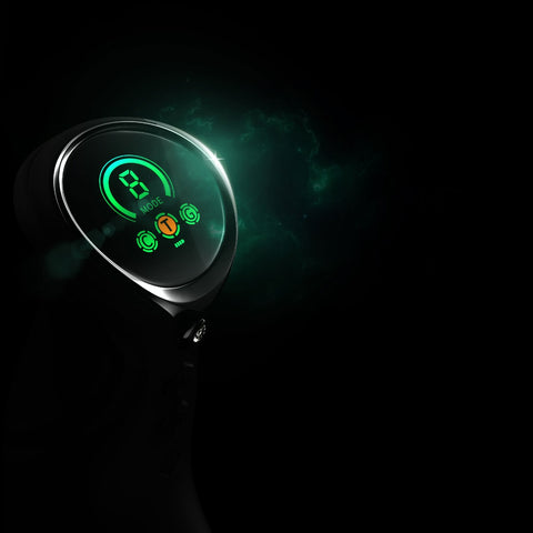 Detail shot of screen on black Mose 2 thrusting rabbit vibrator by Zalo
