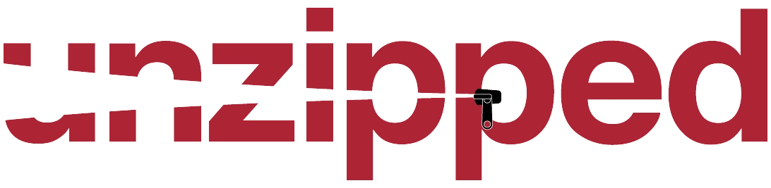 Red 'unzipped' logo with a black dot on a white background