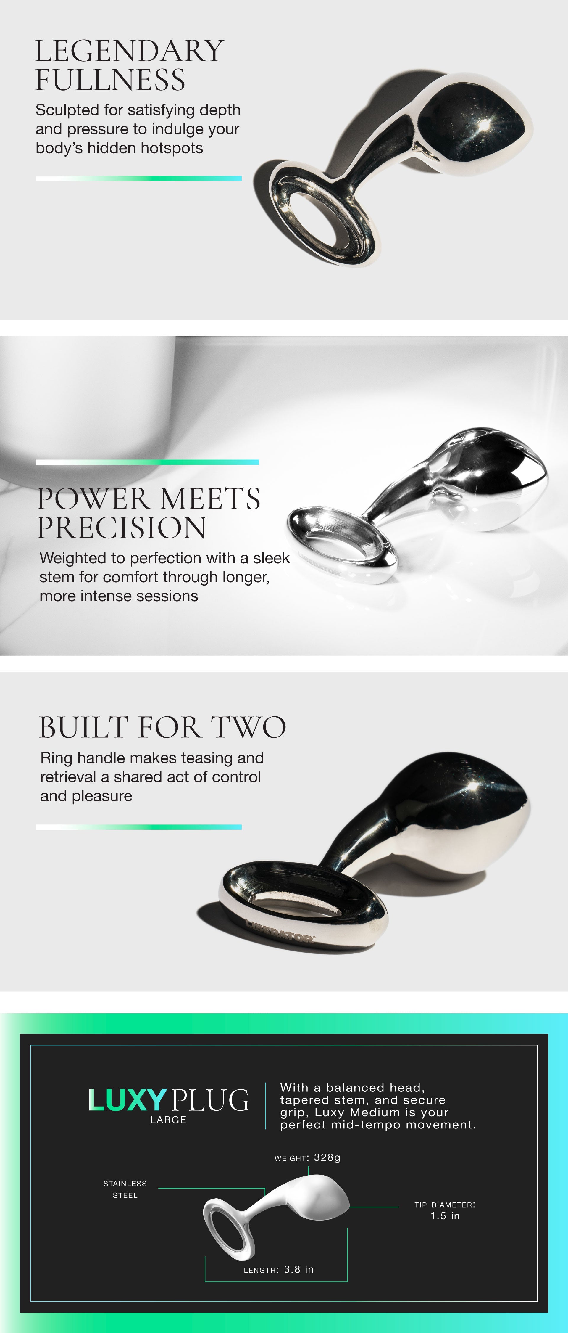 Luxury plug with text describing its features on a white background