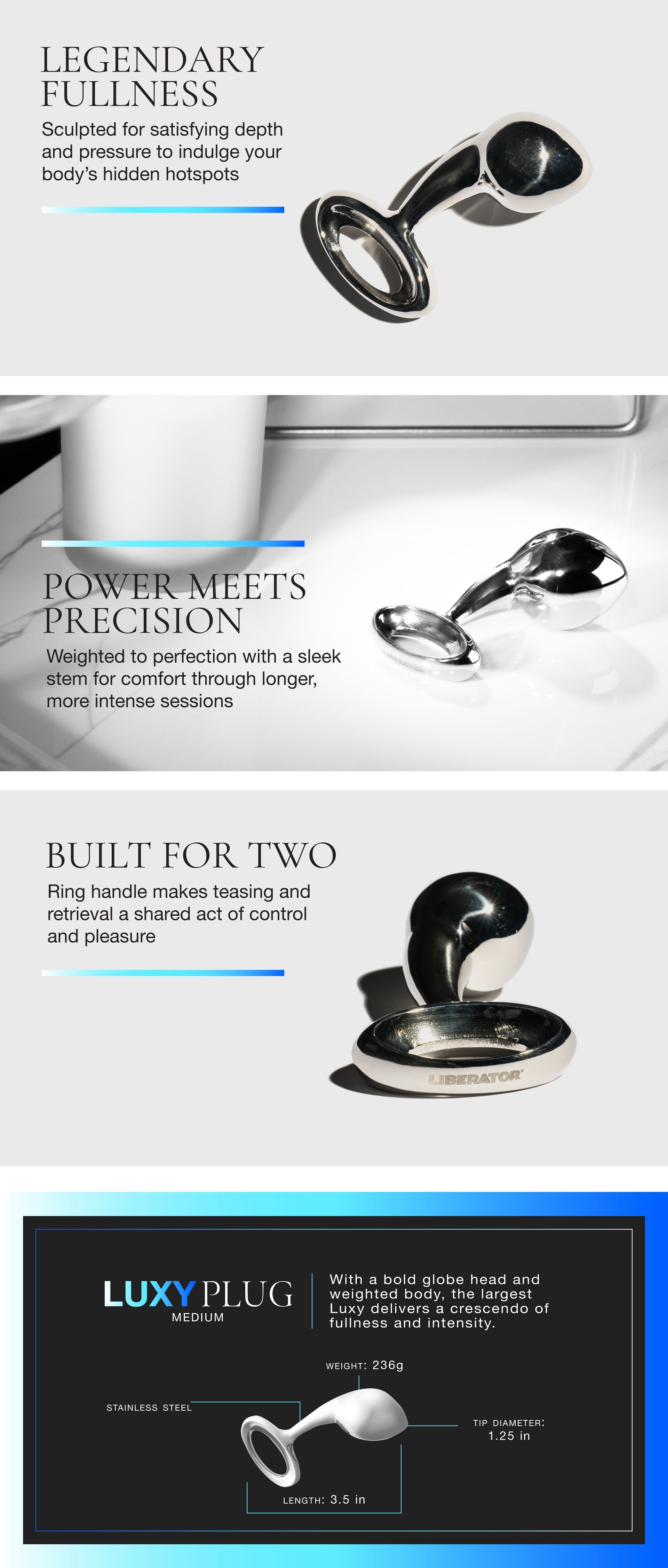 Advertisement for a Luxy Plug with text highlighting features and design.