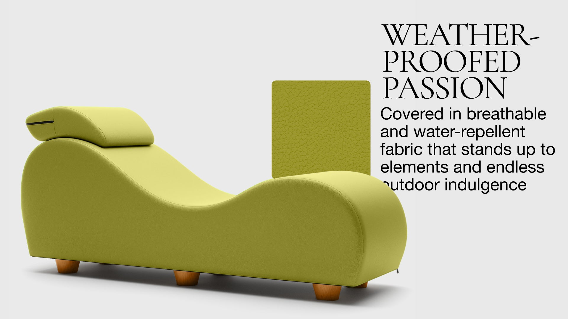Green outdoor lounge chair with text about weather-proofing on a white background