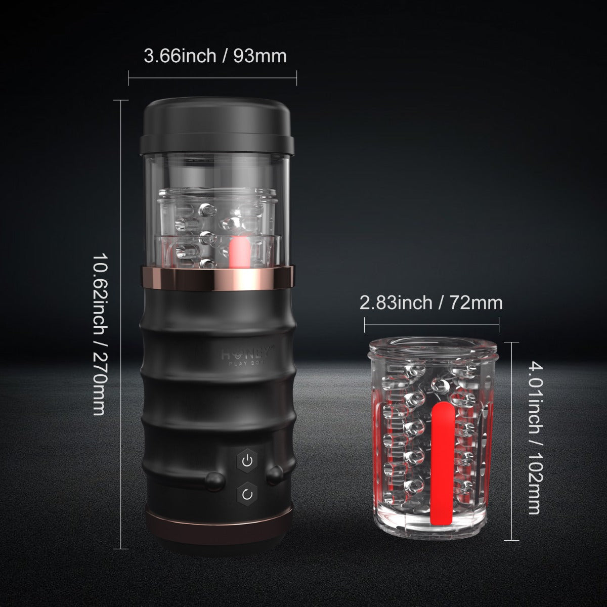 Size graphic of the Warrior automatic masturbator by Honey Play Box