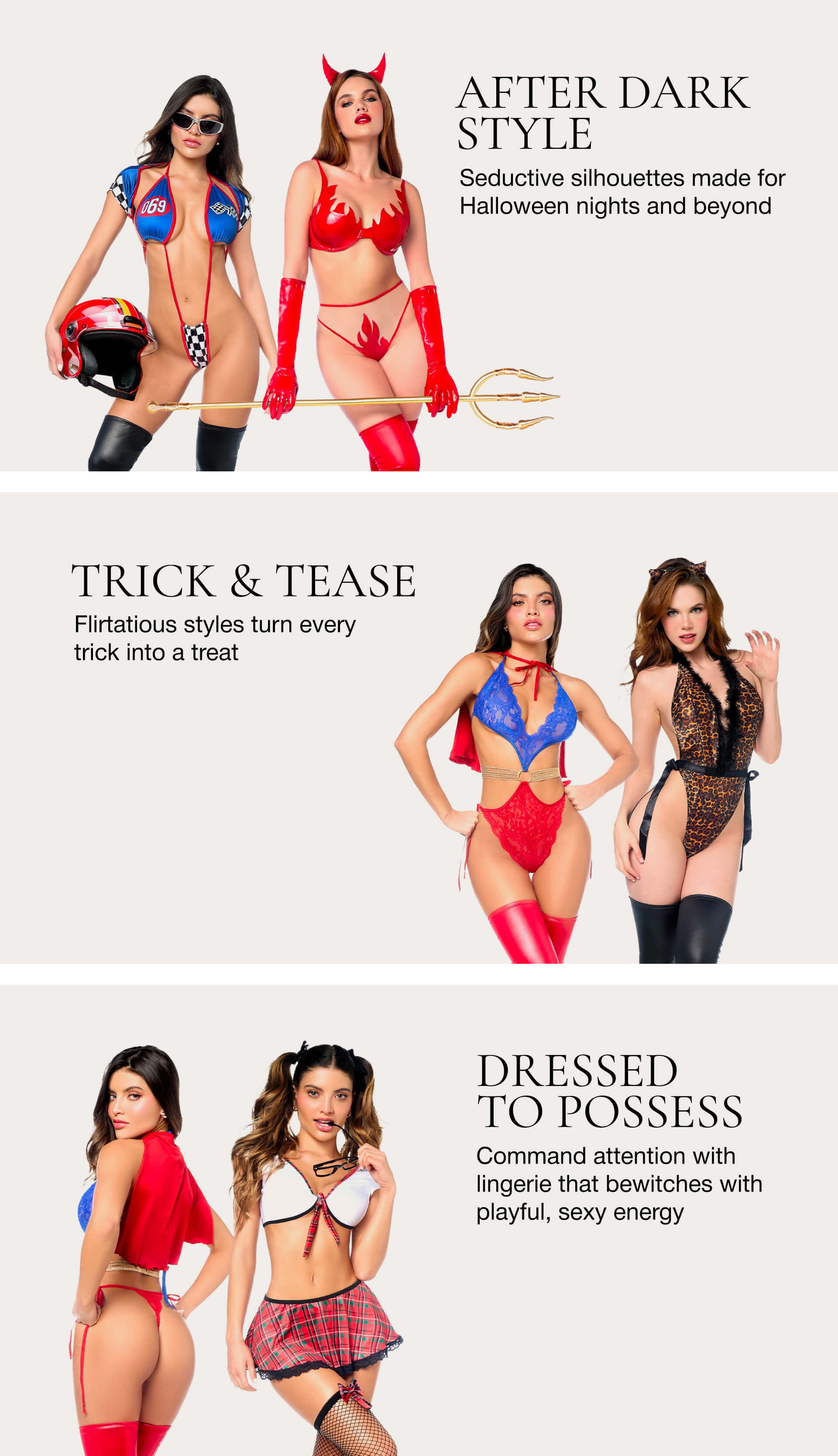 Promotional image of women in lingerie with Halloween-themed poses and text.
