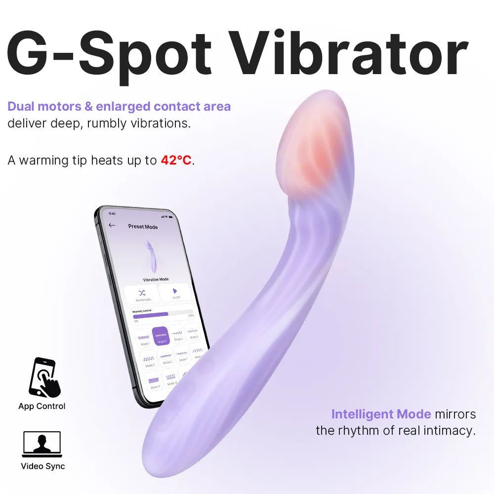G-Spot vibrator with app control and smartphone display on a white background
