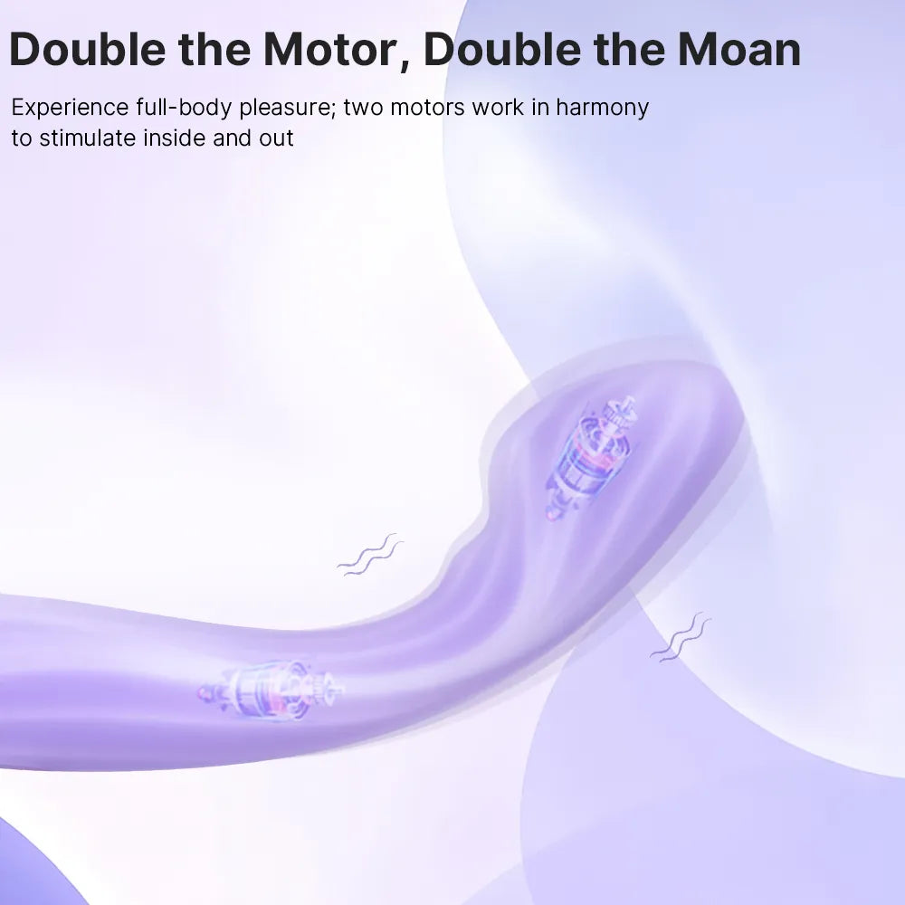 Purple curved object with text about double motor design on a light purple background