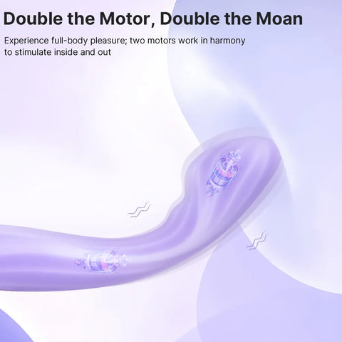 Purple curved object with text about double motor design on a light purple background