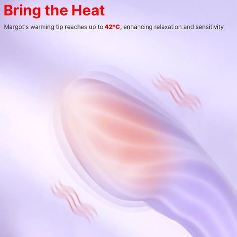 Product with text about warming tip reaching 42°C on a light purple background