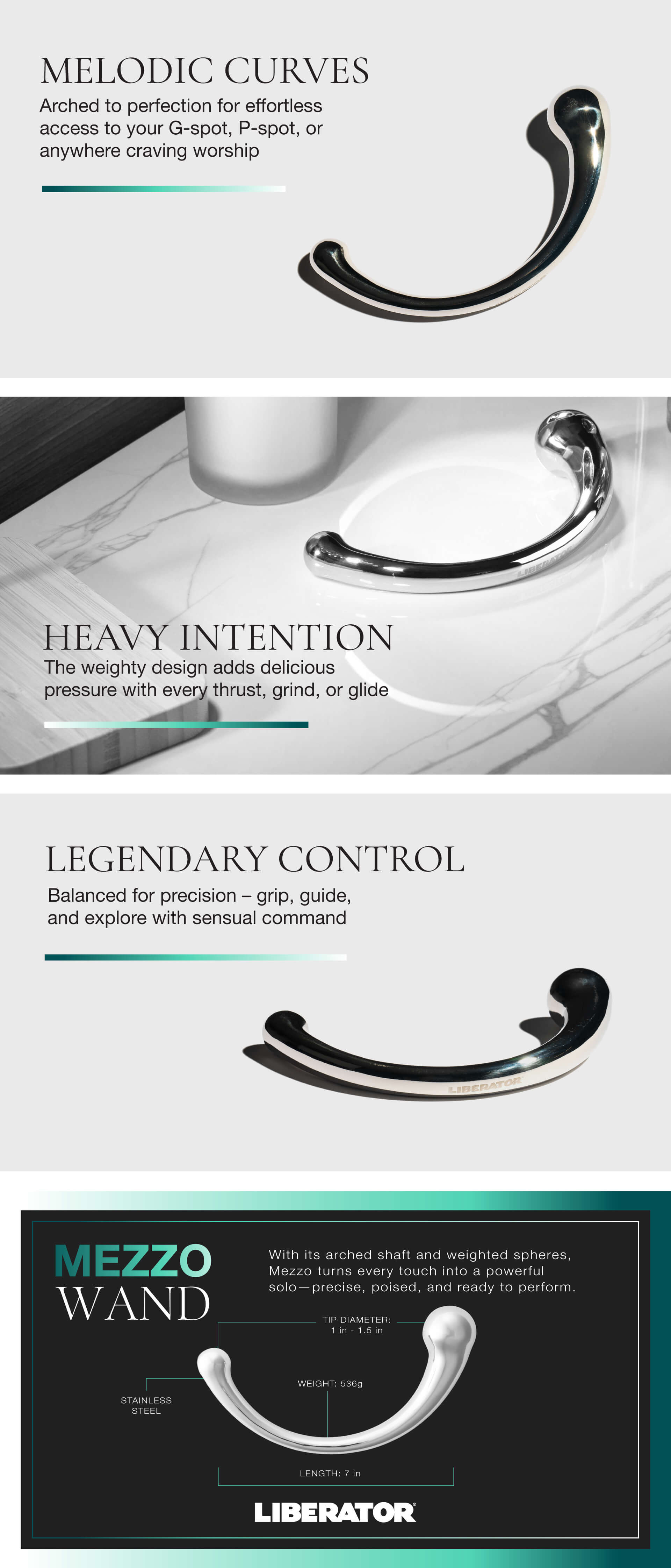 Product packaging for a 'Mezzo Wand' with text describing features on a white background.