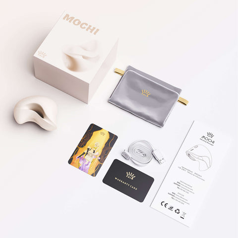 MOCHI product packaging with pouch, card, cable, and manual on a white background