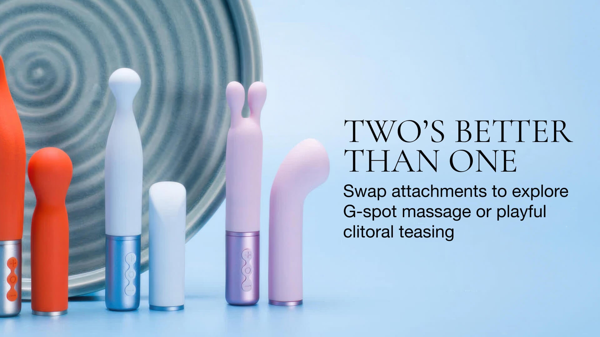 Assorted colorful massage devices on a light blue background with promotional text.