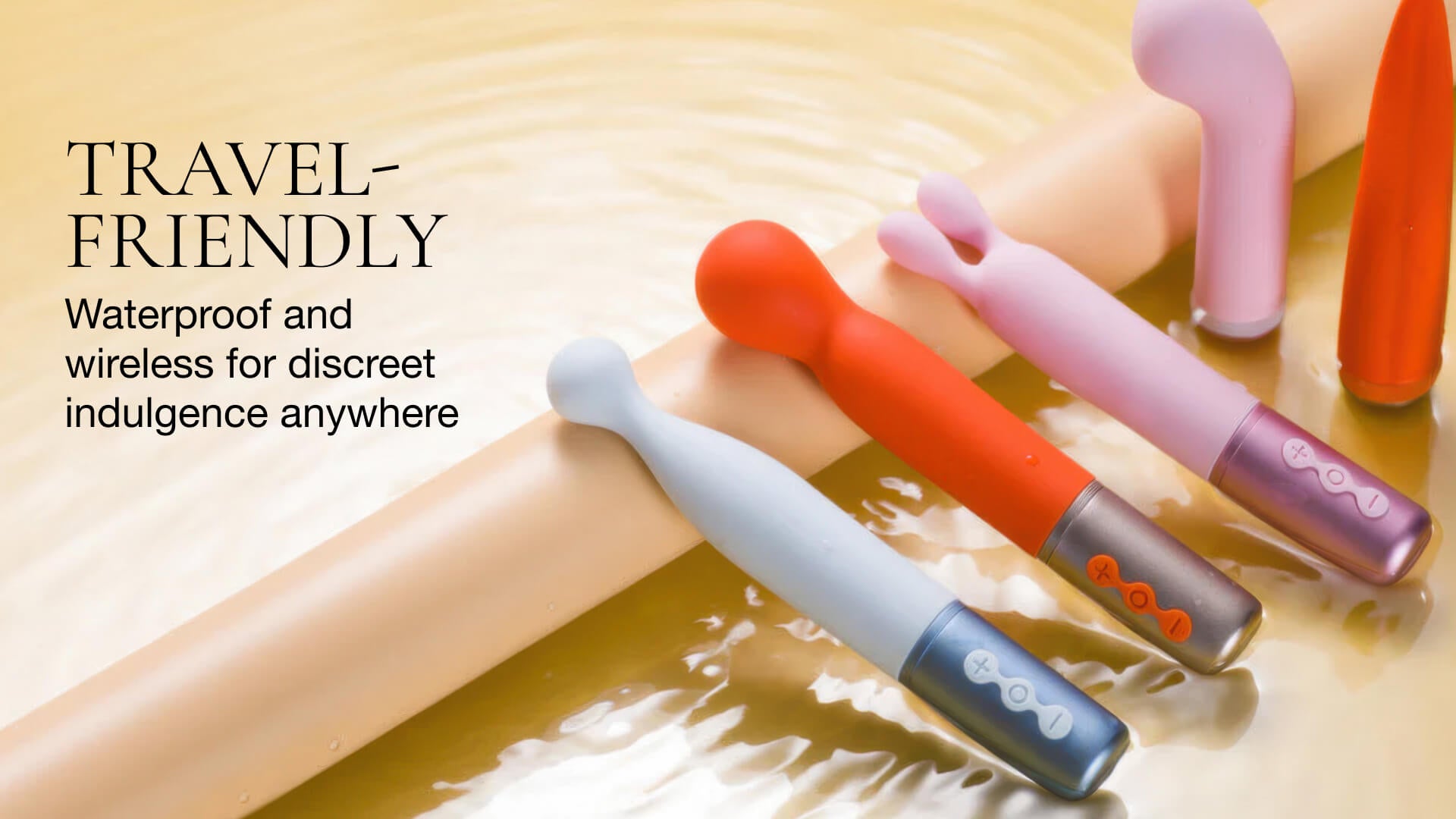 Colorful wireless travel-sized products on a wet surface with text highlighting features.