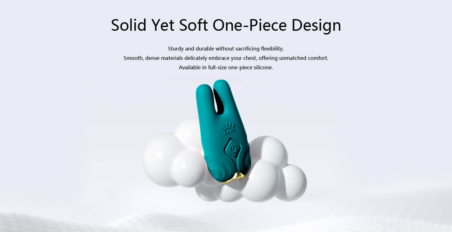 Teal silicone product on a white cloud-like background with text about design and comfort.