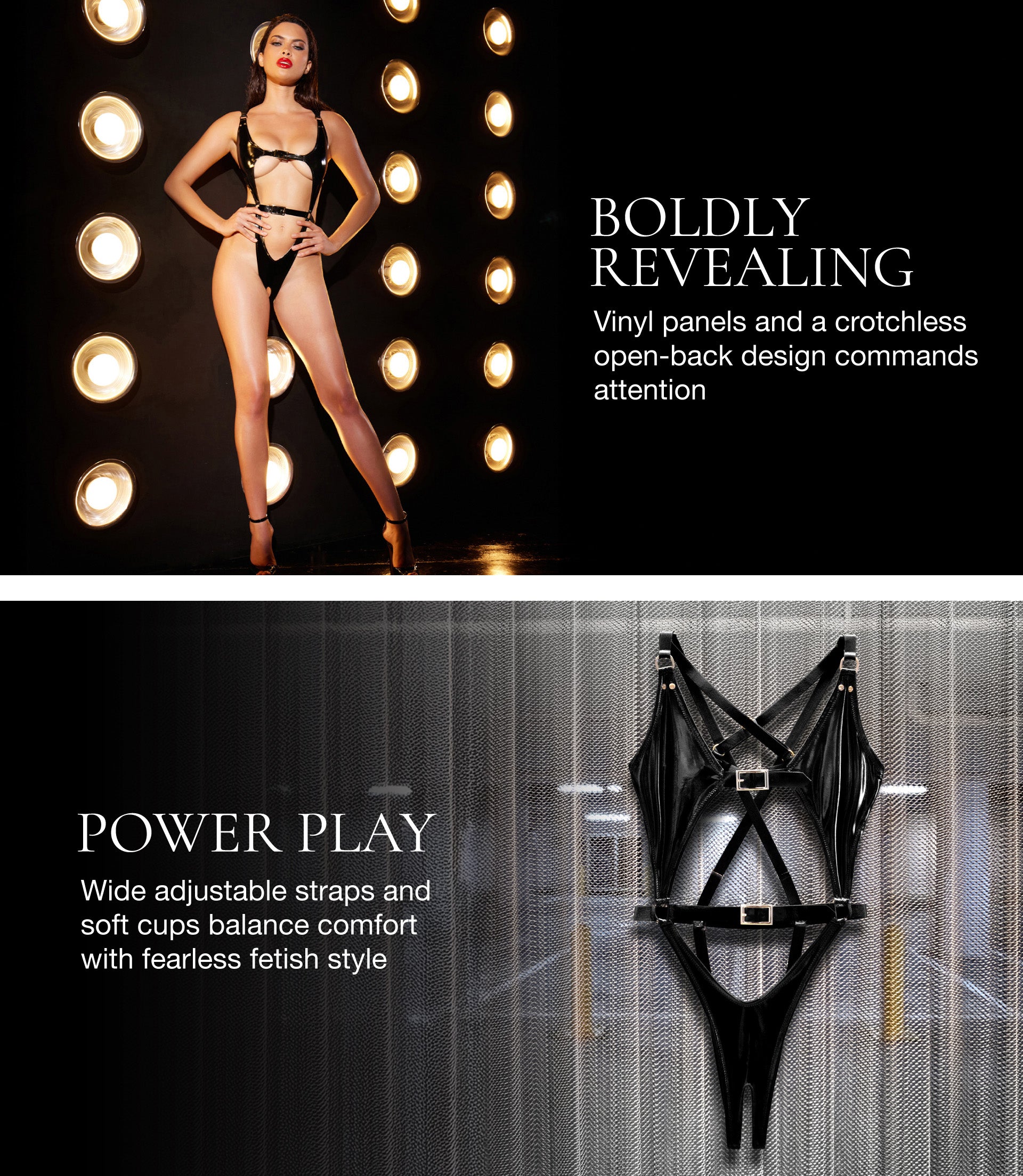 Product advertisement with a model wearing a revealing outfit and a black harness against a dark background.