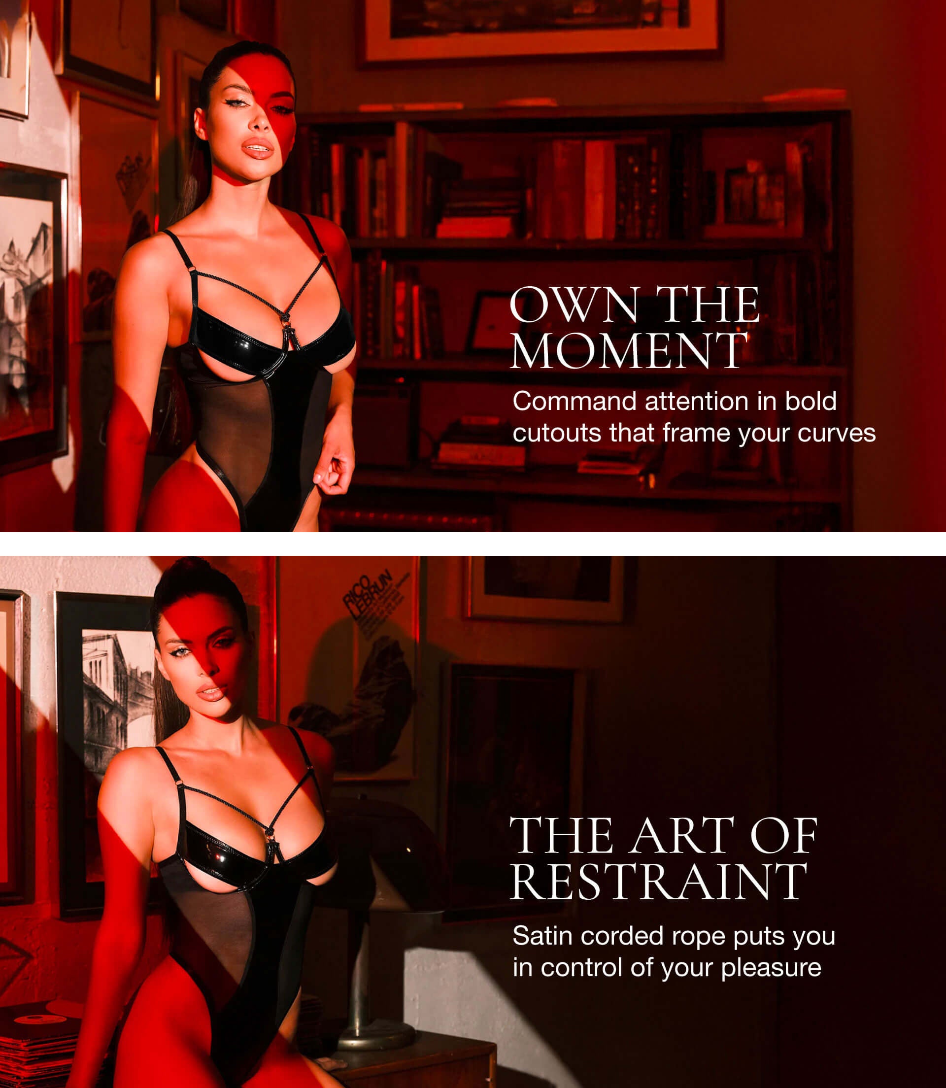 Woman in black lingerie with text about product features in a room setting