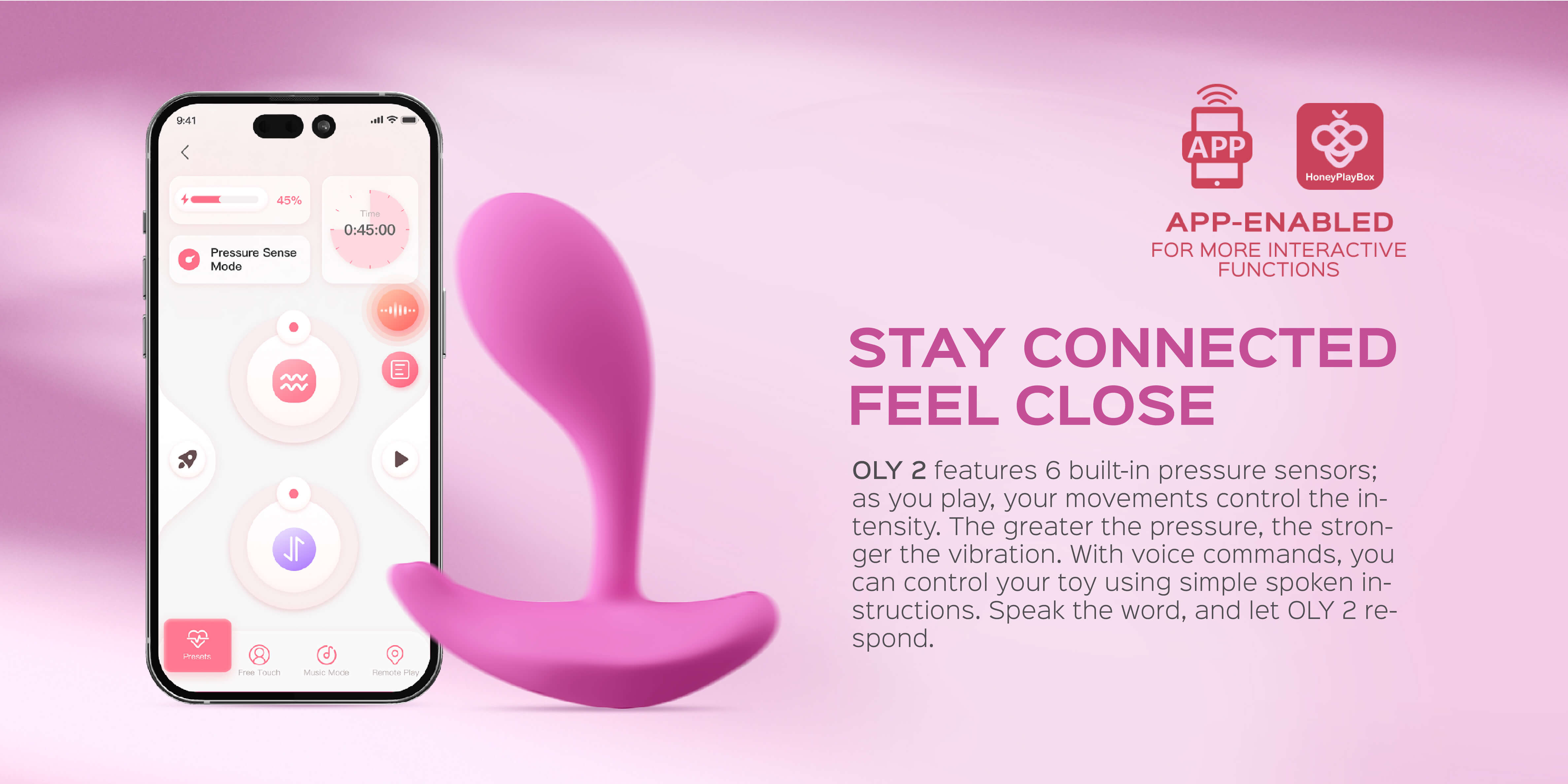 Pink app-enabled device with smartphone displaying app interface on pink background