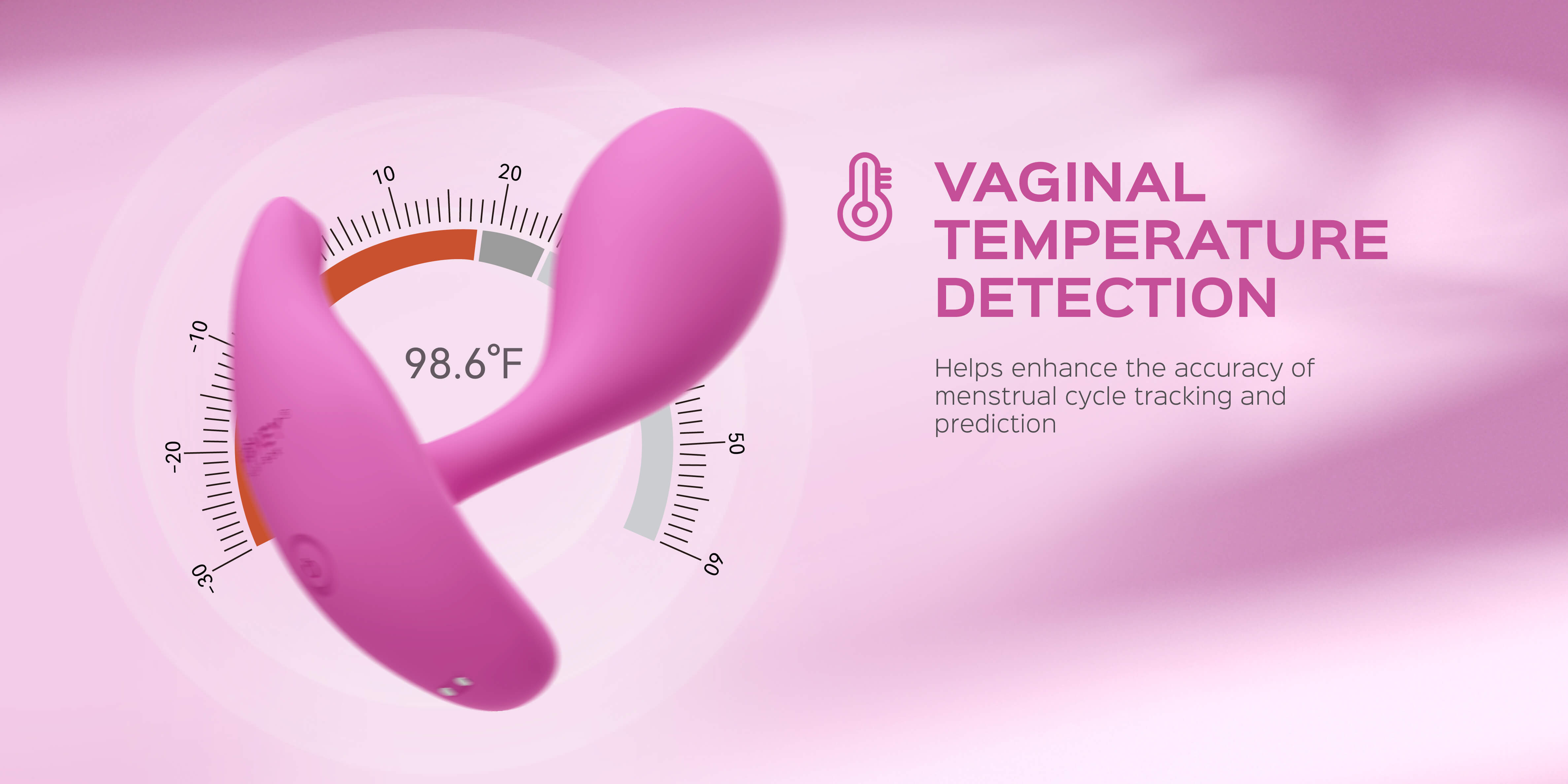 Pink vaginal temperature detection device with digital display on a pink background