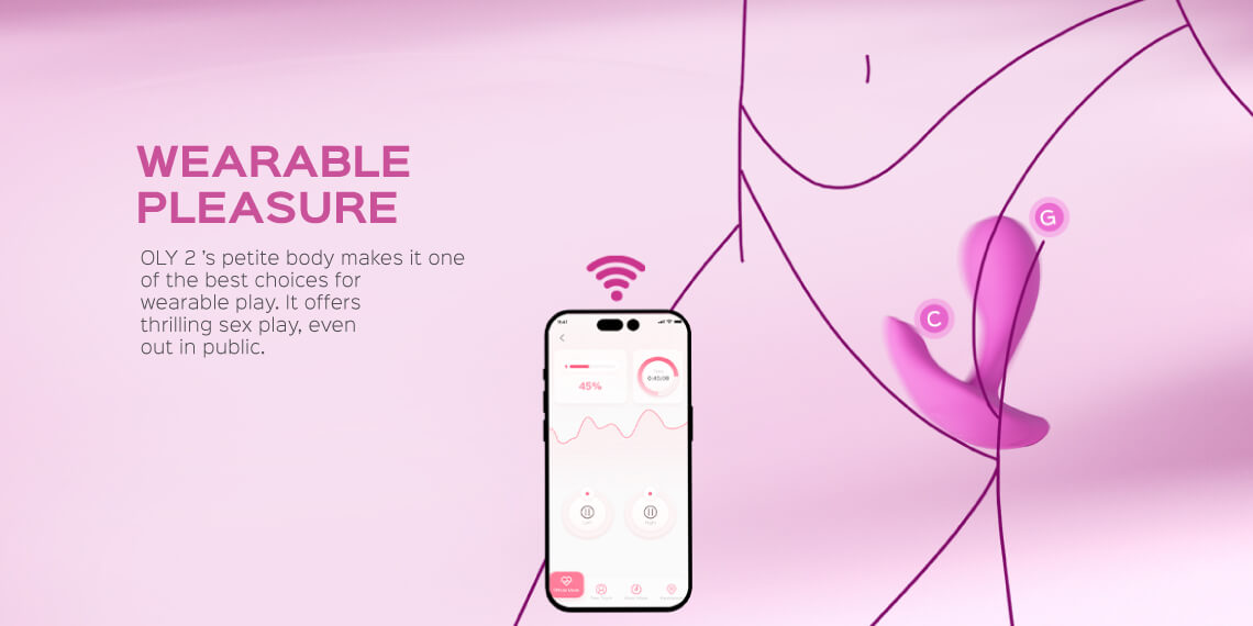 Product advertisement with smartphone app interface and pink abstract design on a pink background